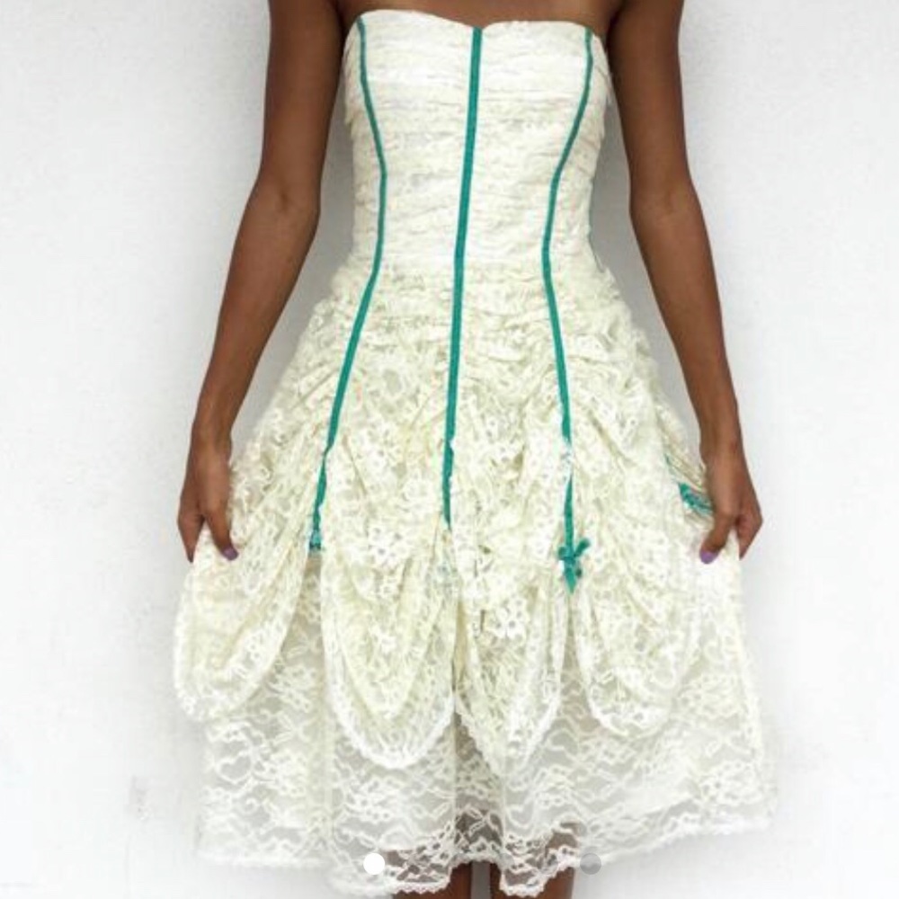 Betsy Johnson white lace dress with blue ribbon